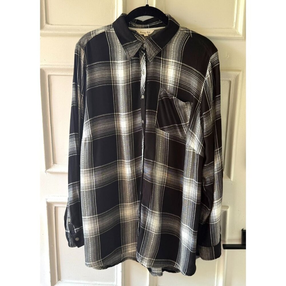 Krazy Kat Womens Black/White Plaid Button-Up Shirt Size 1X Long Sleeve Collar